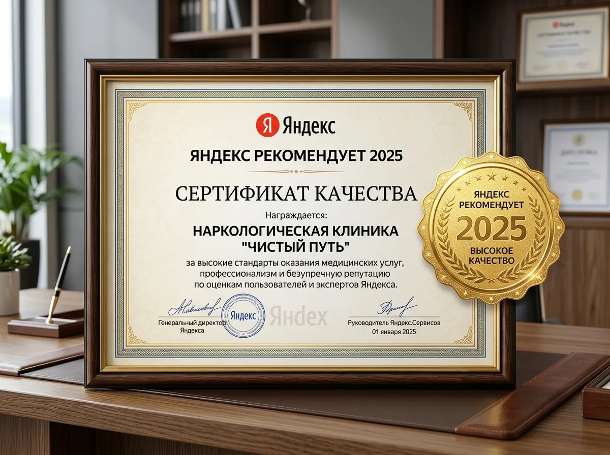 Сертификат Яндекс Рекомендует 2025 для наркологической клиники — логотип Яндекс, золотой значок качества